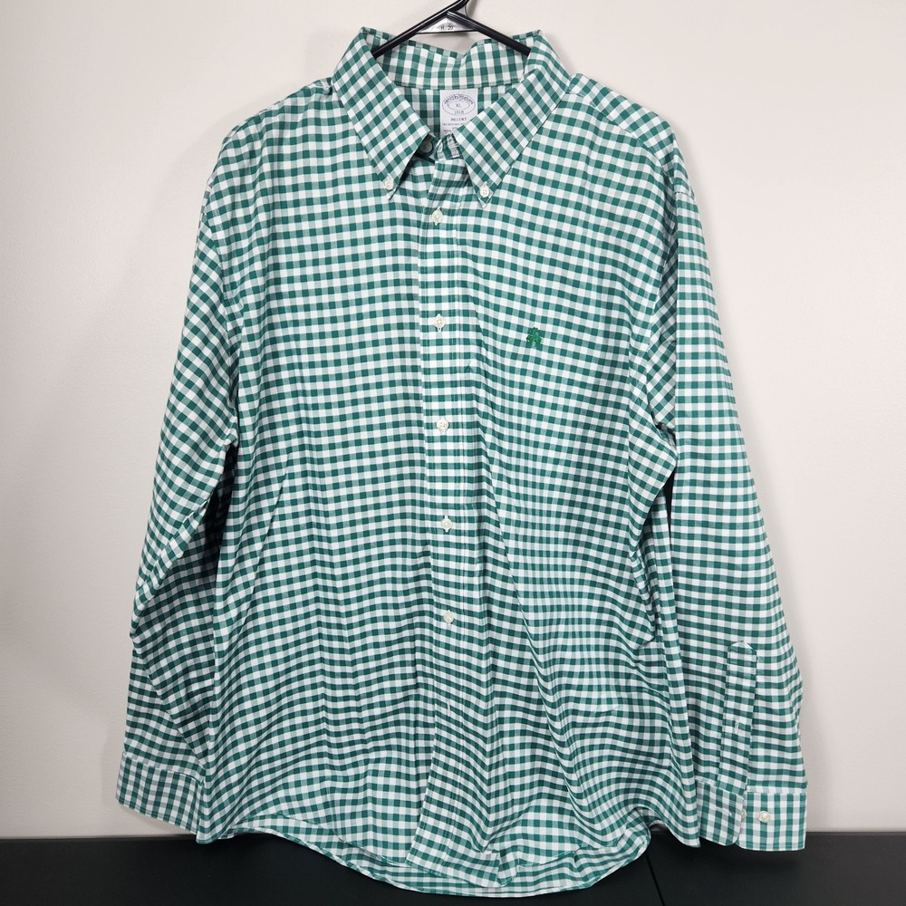 Brooks Brothers Regent Non-Iron Gingham Shirt Green White Supima Cotton XL Mens